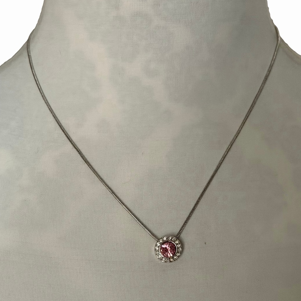 Silver Tone Pink Crystal Halo Pendant Necklace – Adjustable Chain